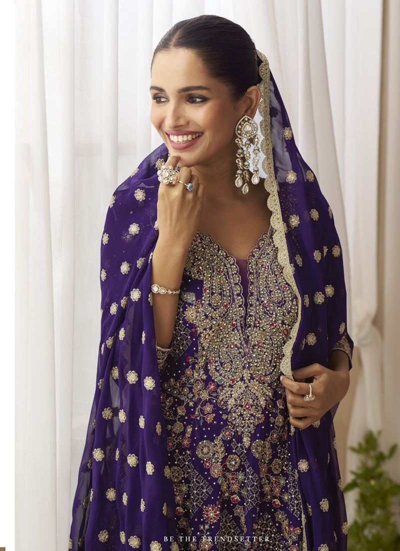Vegaa Fashion Violet Georgette Embroidered Seroski Zarkan Work Palazzo Suit - Distacart