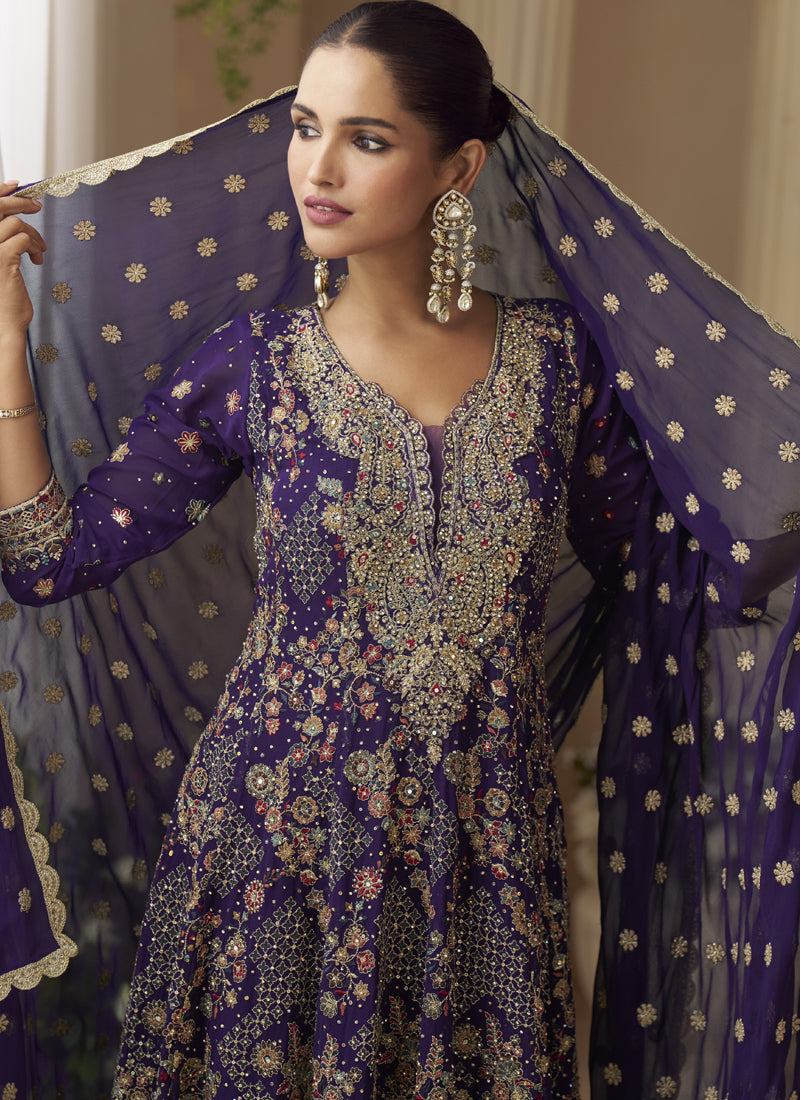 Vegaa Fashion Violet Georgette Embroidered Seroski Zarkan Work Palazzo Suit - Distacart