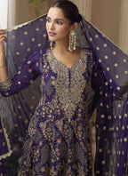 Vegaa Fashion Violet Georgette Embroidered Seroski Zarkan Work Palazzo Suit - Distacart