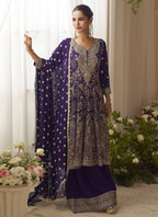 Vegaa Fashion Violet Georgette Embroidered Seroski Zarkan Work Palazzo Suit - Distacart