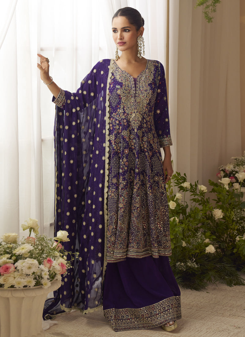 Vegaa Fashion Violet Georgette Embroidered Seroski Zarkan Work Palazzo Suit - Distacart
