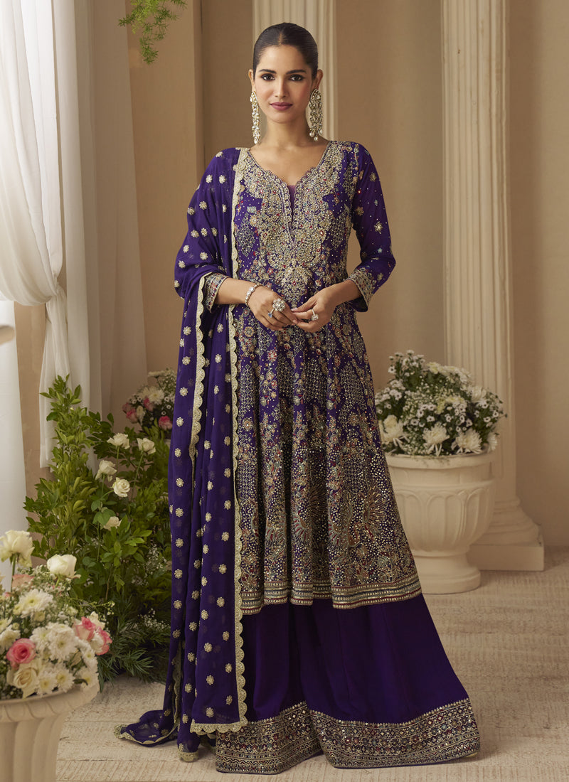 Vegaa Fashion Violet Georgette Embroidered Seroski Zarkan Work Palazzo Suit - Distacart