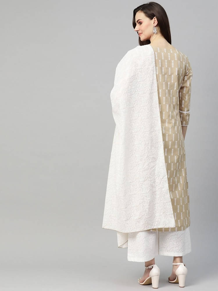 Yufta Women Beige & White Printed Kurta with Palazzo & Dupatta