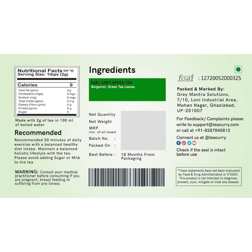 Teacurry Earl Grey Green Tea Bags - Distacart