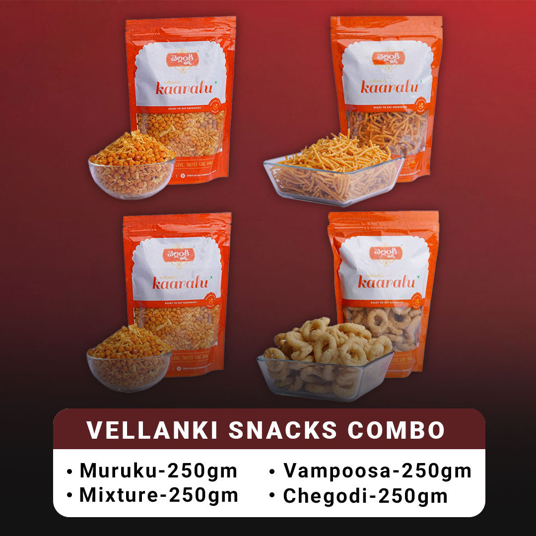 Vellanki Foods Namkeen Combo Pack (250g Each) - Muruku, Chegodi, Vampoosa, Mixture - Distacart