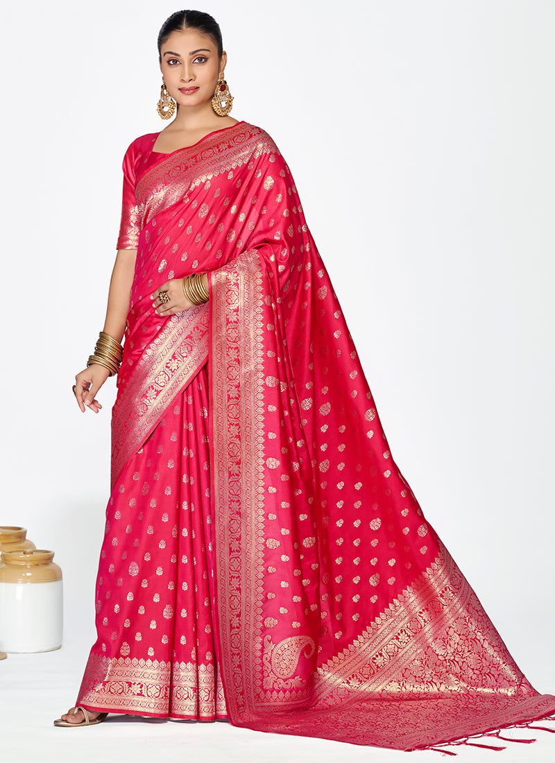Vellora Rani Pink Premium Banarasi Silk Saree with Rich Golden Zari - Distacart