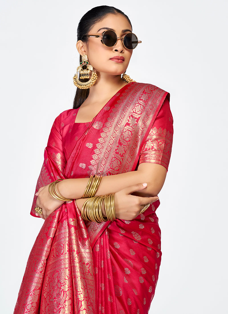 Vellora Rani Pink Premium Banarasi Silk Saree with Rich Golden Zari - Distacart