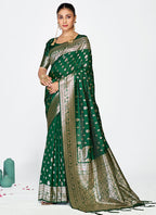 Vellora Emerald Green Banarasi Silk Saree with Antique Golden Zari - Distacart