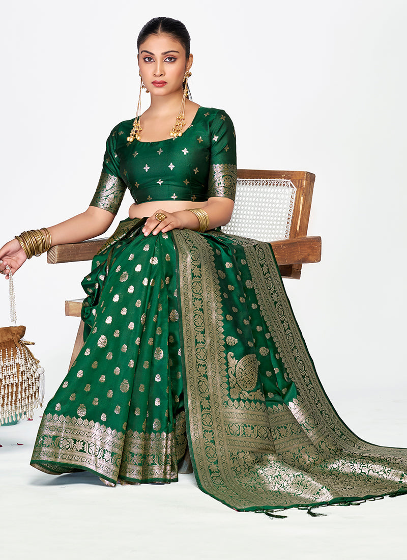Vellora Emerald Green Banarasi Silk Saree with Antique Golden Zari - Distacart
