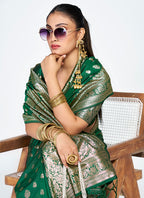 Vellora Emerald Green Banarasi Silk Saree with Antique Golden Zari - Distacart