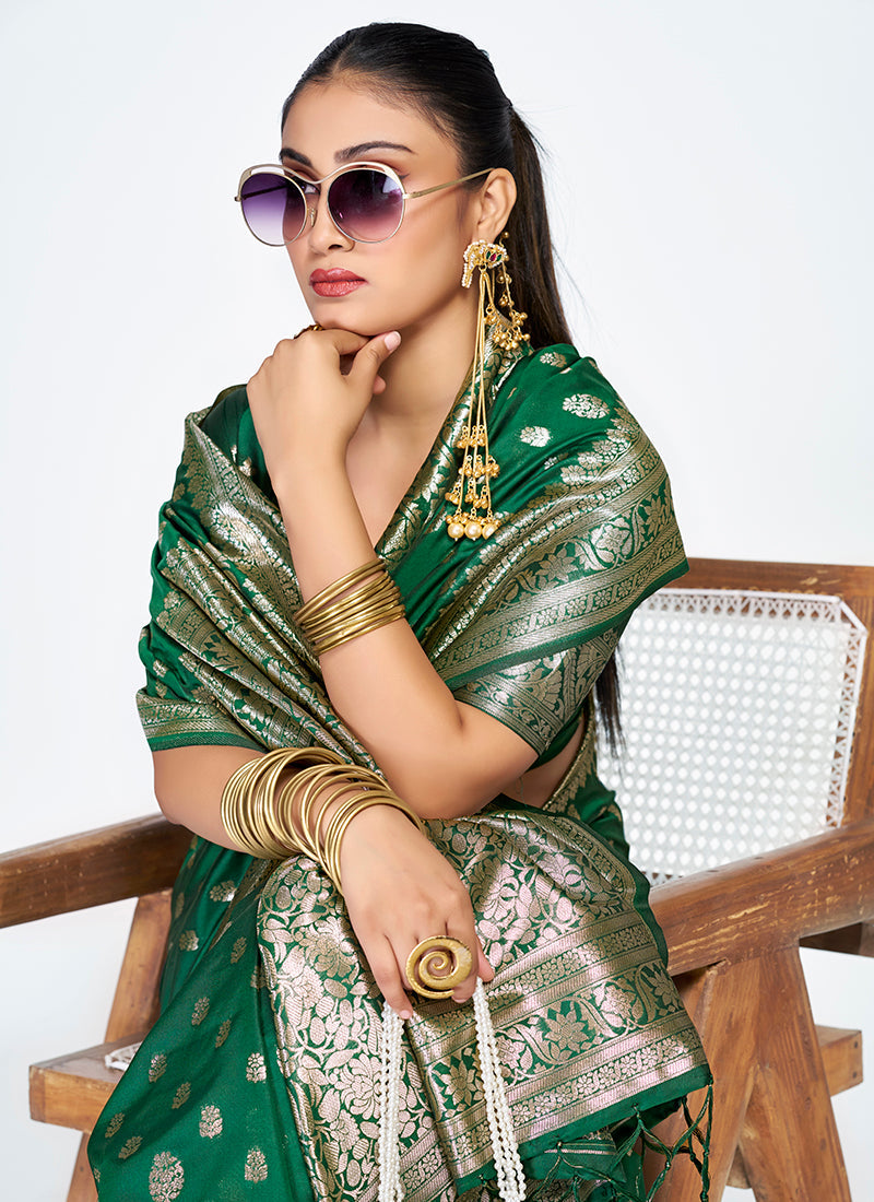 Vellora Emerald Green Banarasi Silk Saree with Antique Golden Zari - Distacart