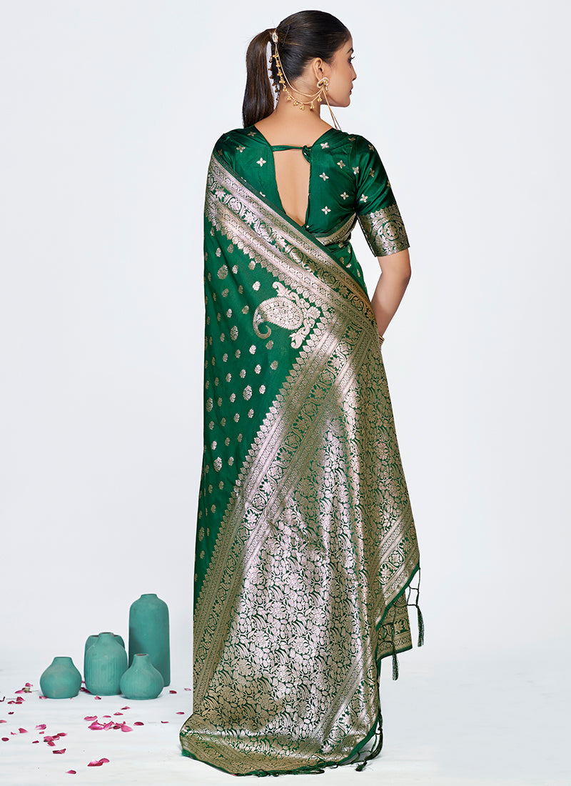 Vellora Emerald Green Banarasi Silk Saree with Antique Golden Zari - Distacart