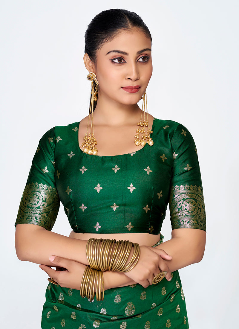 Vellora Emerald Green Banarasi Silk Saree with Antique Golden Zari - Distacart