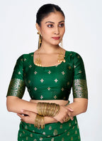 Vellora Emerald Green Banarasi Silk Saree with Antique Golden Zari - Distacart