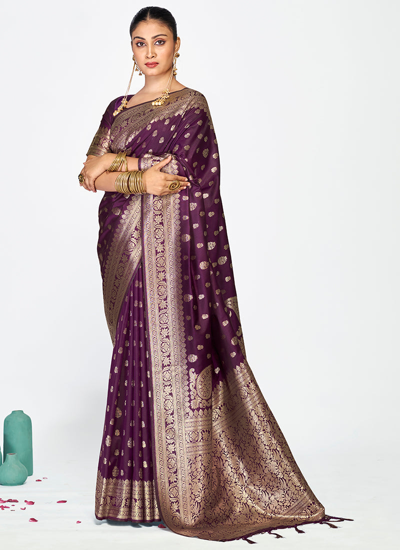 Vellora Wine Purple Zari Woven Banarasi Silk Saree - Distacart