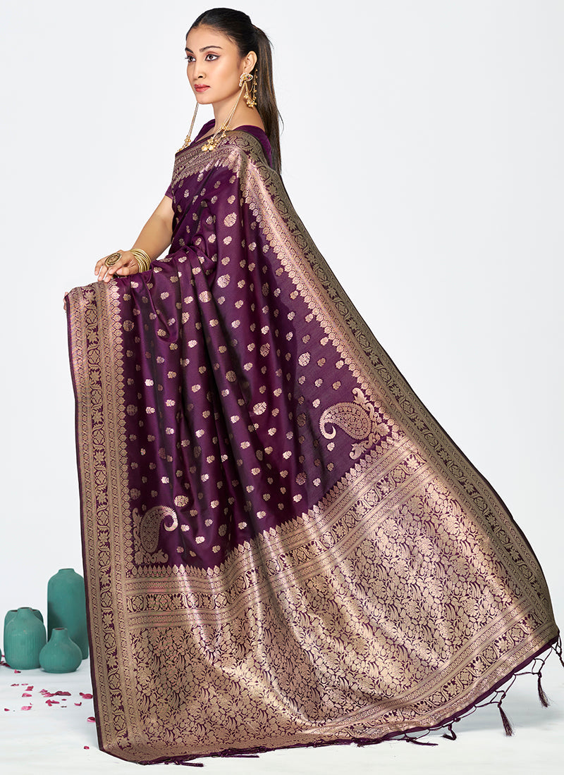 Vellora Wine Purple Zari Woven Banarasi Silk Saree - Distacart