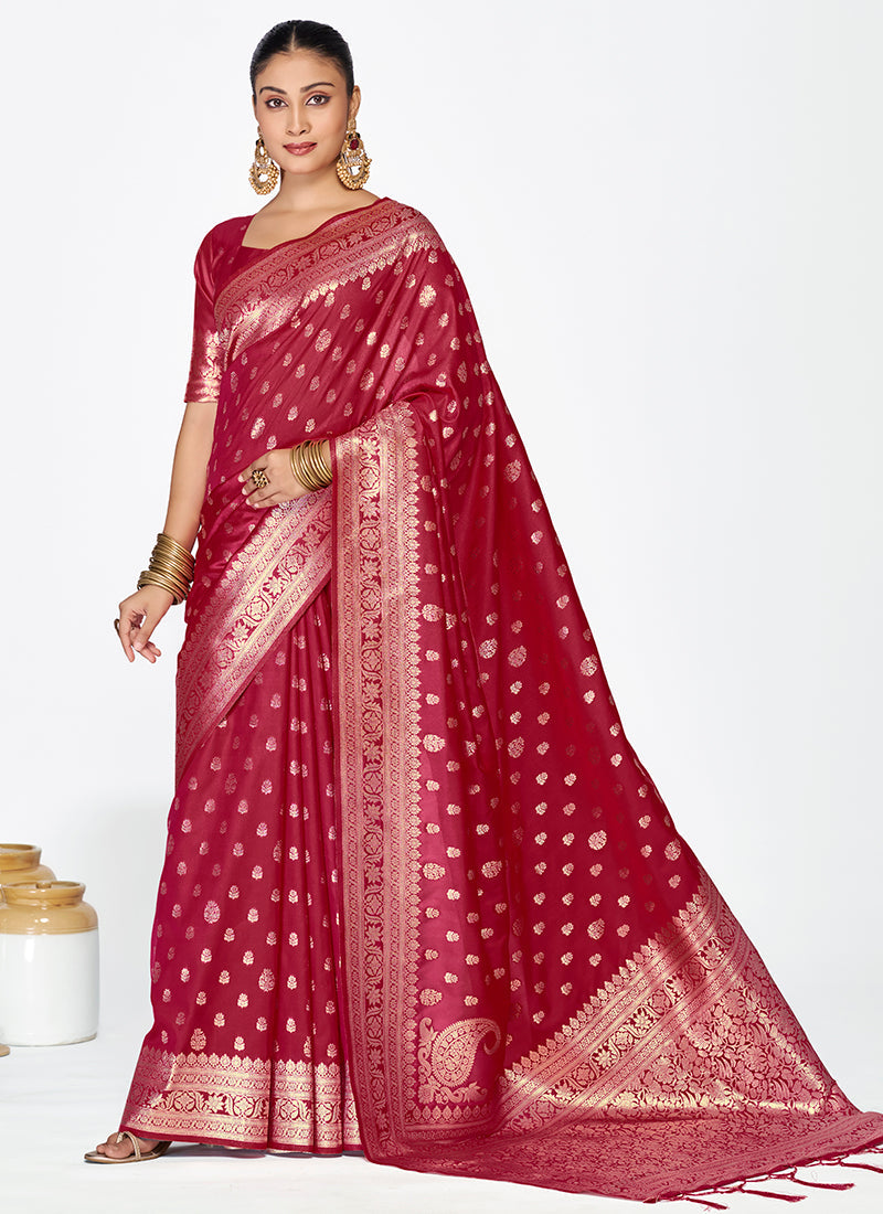 Vellora Maroon Banarasi Silk Saree with Rich Zari Detailing - Distacart
