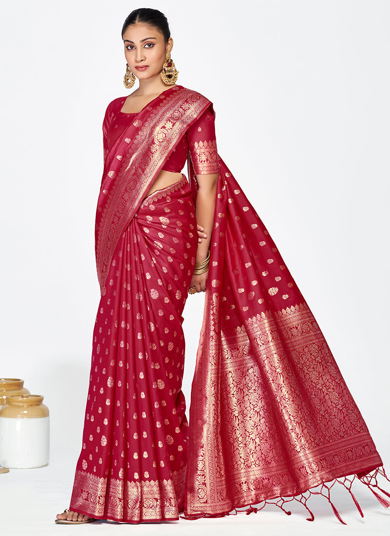 Vellora Maroon Banarasi Silk Saree with Rich Zari Detailing - Distacart