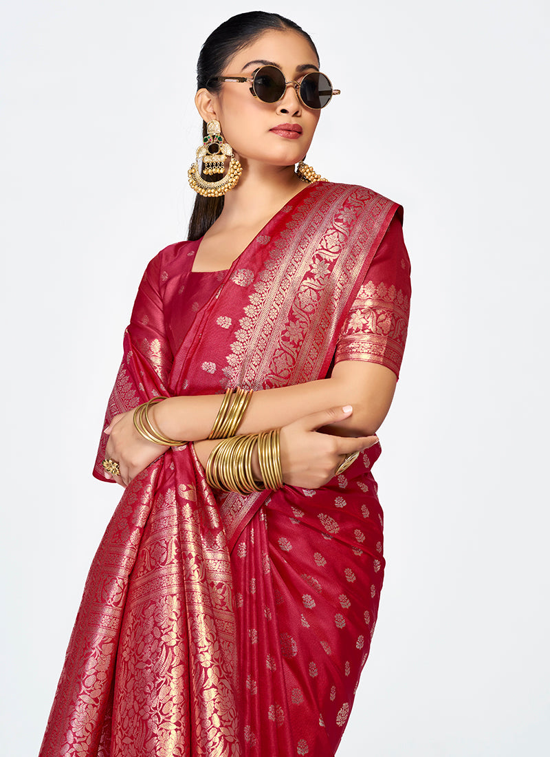 Vellora Maroon Banarasi Silk Saree with Rich Zari Detailing - Distacart