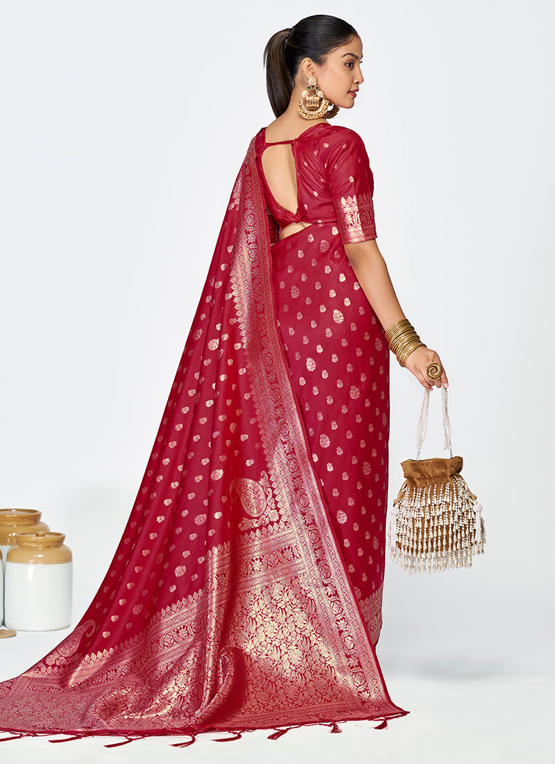 Vellora Maroon Banarasi Silk Saree with Rich Zari Detailing - Distacart