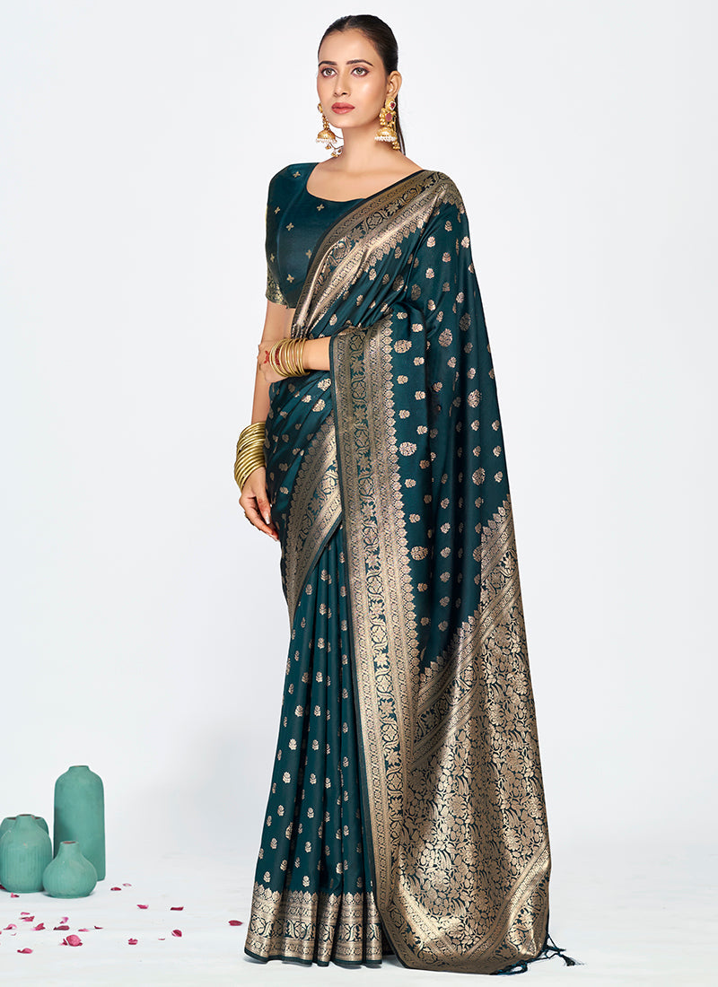 Vellora Navy Blue Premium Banarasi Silk Saree with Gold Zari - Distacart