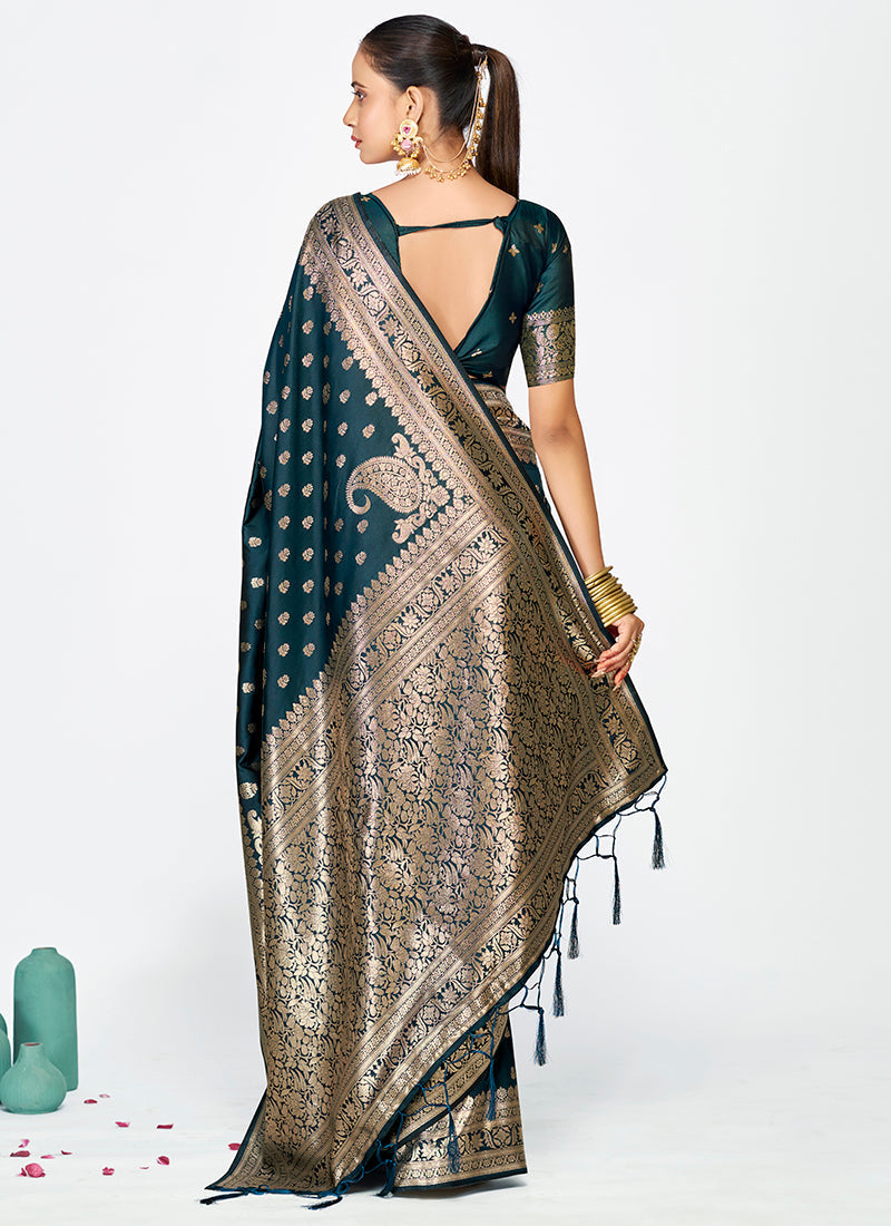 Vellora Navy Blue Premium Banarasi Silk Saree with Gold Zari - Distacart