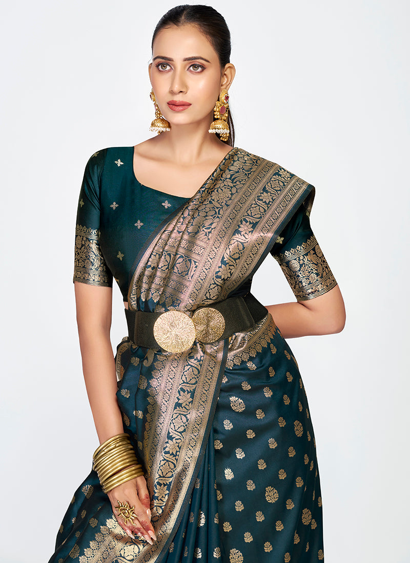 Vellora Navy Blue Premium Banarasi Silk Saree with Gold Zari - Distacart
