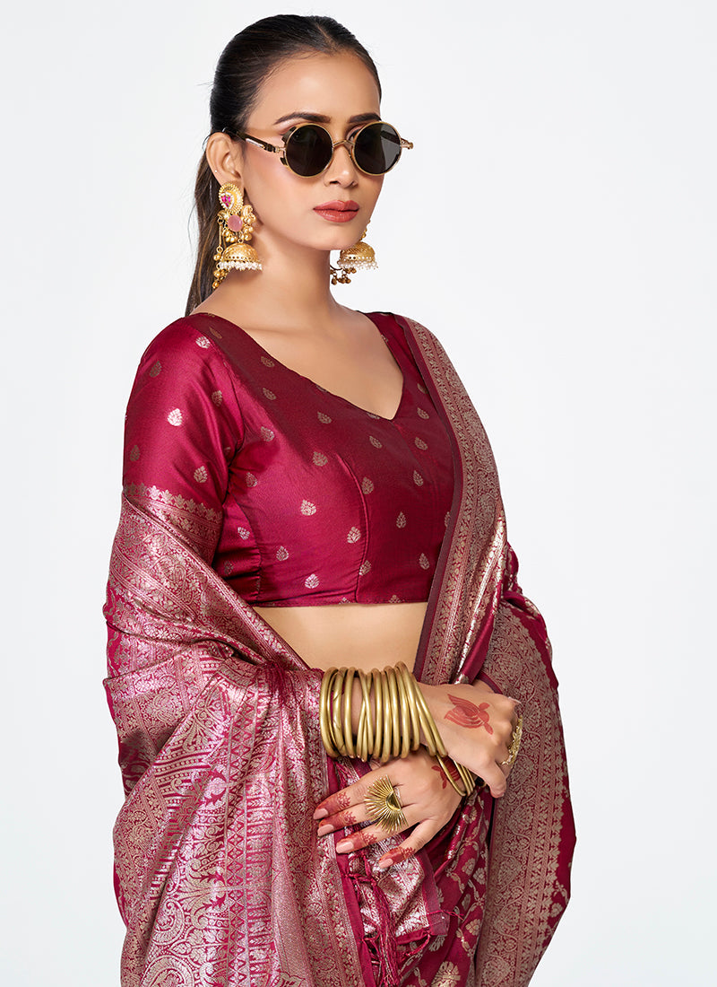 Vellora Wine Magenta Premium Zari Weaving Designer Silk Saree - Distacart