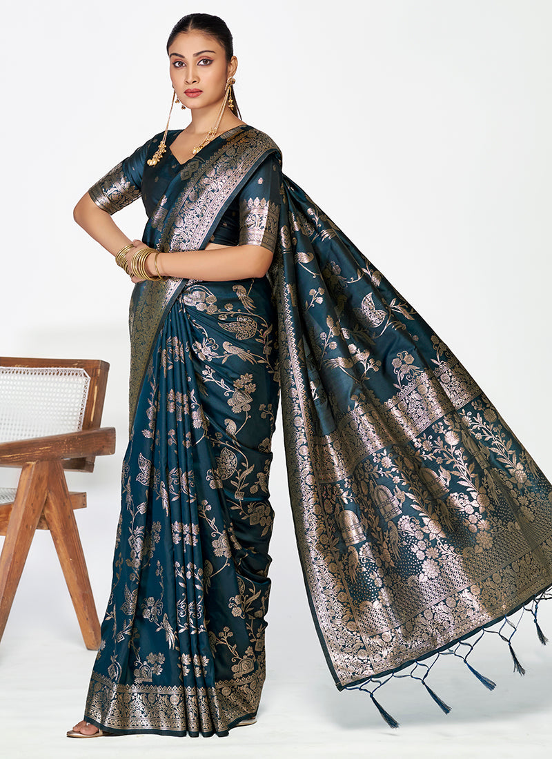 Vellora Navy Blue Banarasi Silk Saree with Rich Zari Weaving - Distacart