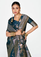 Vellora Navy Blue Banarasi Silk Saree with Rich Zari Weaving - Distacart
