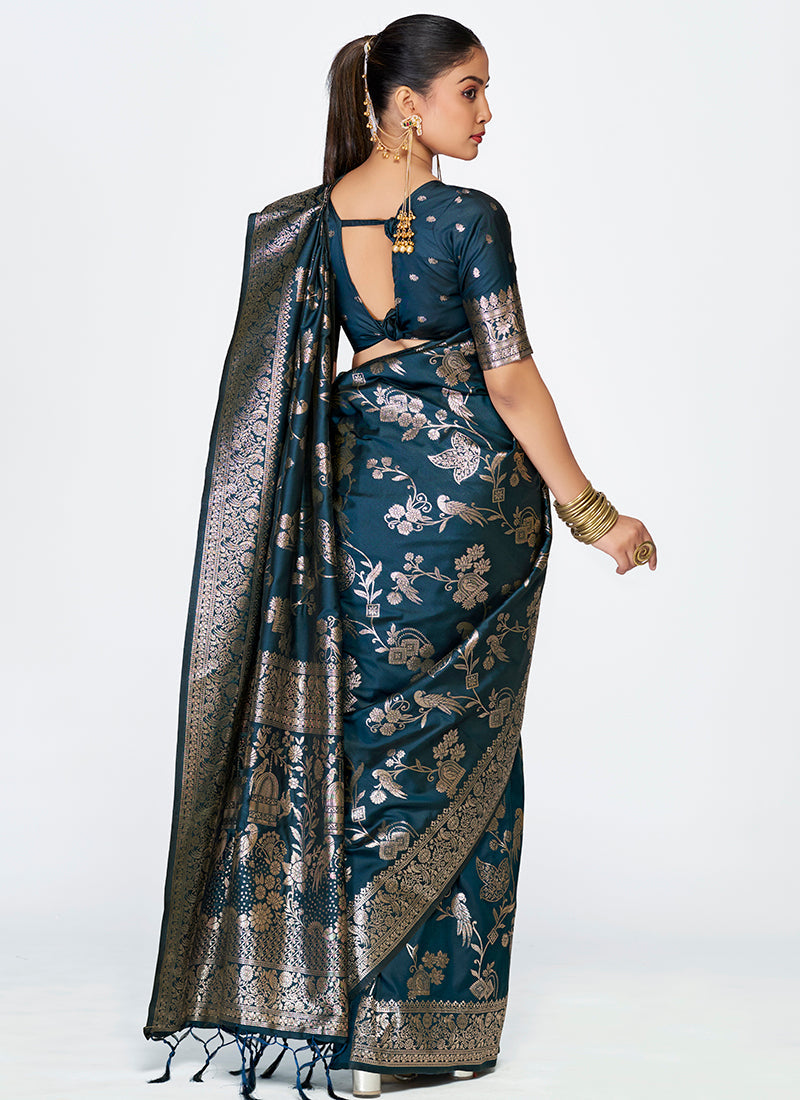 Vellora Navy Blue Banarasi Silk Saree with Rich Zari Weaving - Distacart