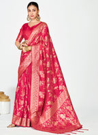 Vellora Rani Pink Banarasi Silk Saree with Golden Floral Zari - Distacart