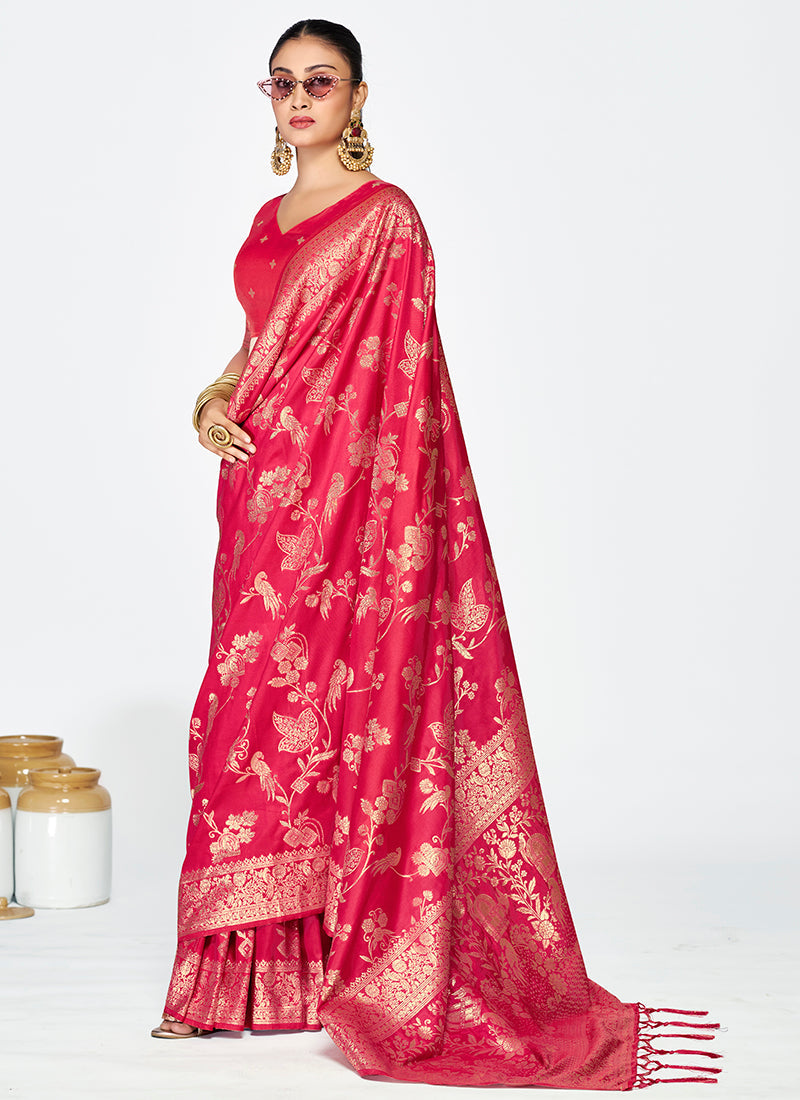 Vellora Rani Pink Banarasi Silk Saree with Golden Floral Zari - Distacart