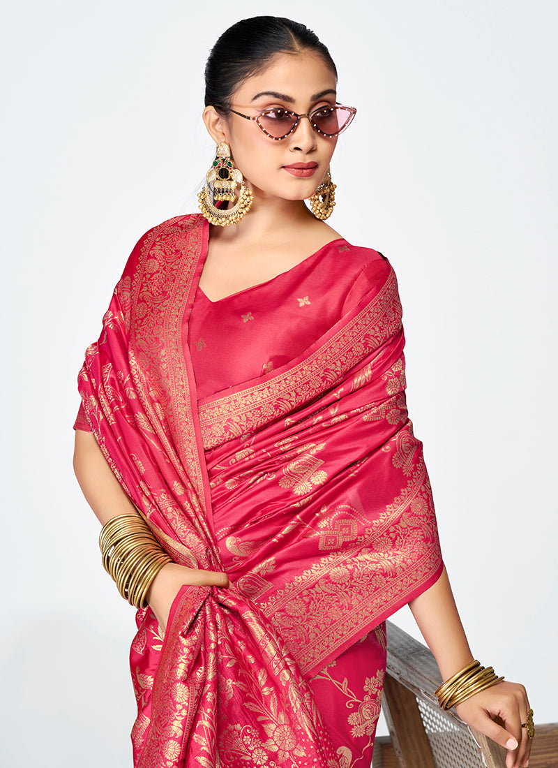 Vellora Rani Pink Banarasi Silk Saree with Golden Floral Zari - Distacart