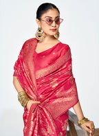 Vellora Rani Pink Banarasi Silk Saree with Golden Floral Zari - Distacart