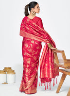 Vellora Rani Pink Banarasi Silk Saree with Golden Floral Zari - Distacart