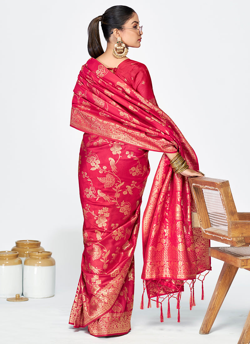 Vellora Rani Pink Banarasi Silk Saree with Golden Floral Zari - Distacart