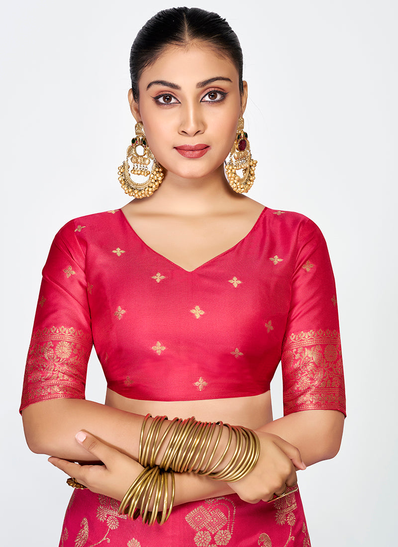 Vellora Rani Pink Banarasi Silk Saree with Golden Floral Zari - Distacart