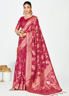 Vellora Rose Pink Banarasi Silk Saree with Antique Zari Border - Distacart