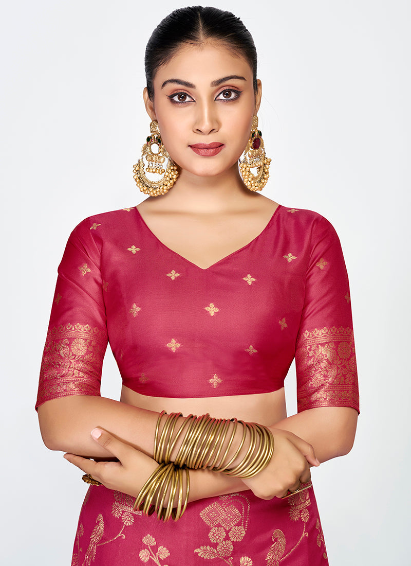 Vellora Rose Pink Banarasi Silk Saree with Antique Zari Border - Distacart
