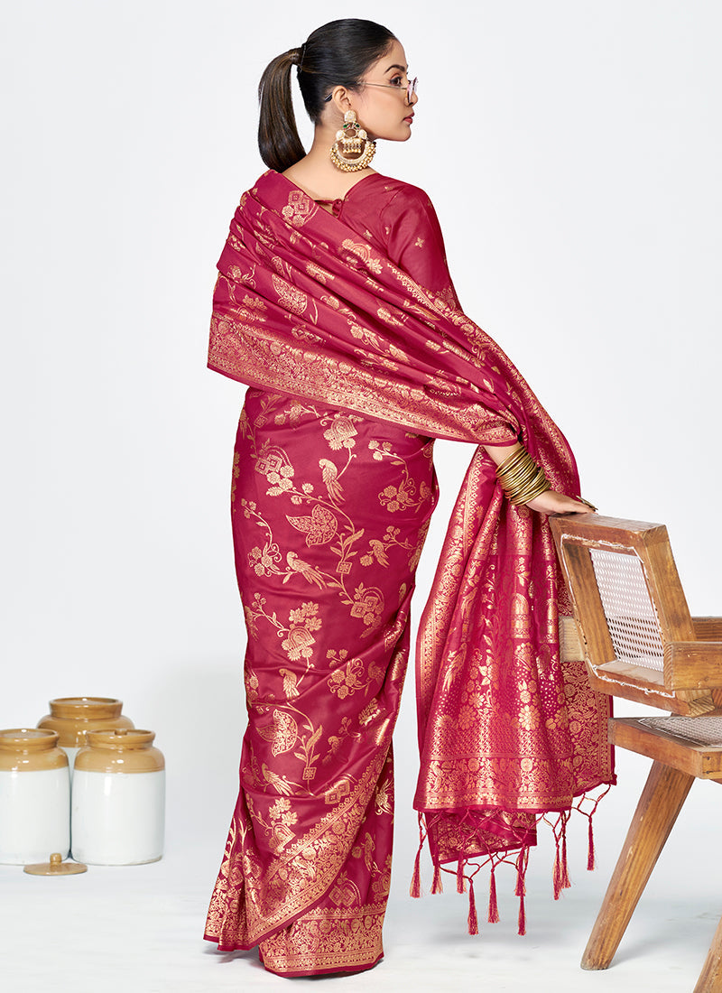 Vellora Rose Pink Banarasi Silk Saree with Antique Zari Border - Distacart