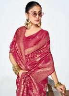 Vellora Rose Pink Banarasi Silk Saree with Antique Zari Border - Distacart