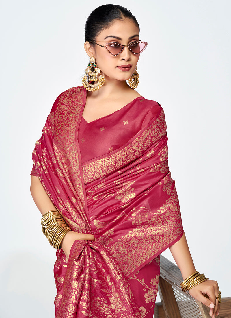 Vellora Rose Pink Banarasi Silk Saree with Antique Zari Border - Distacart