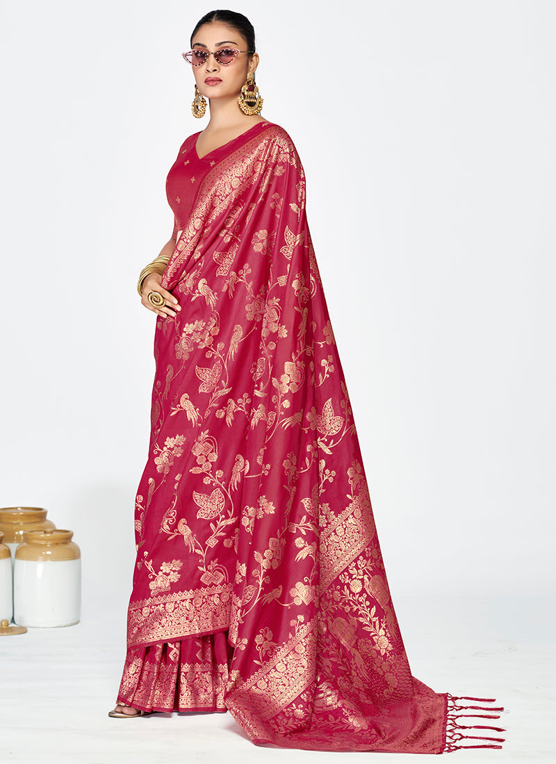 Vellora Rose Pink Banarasi Silk Saree with Antique Zari Border - Distacart