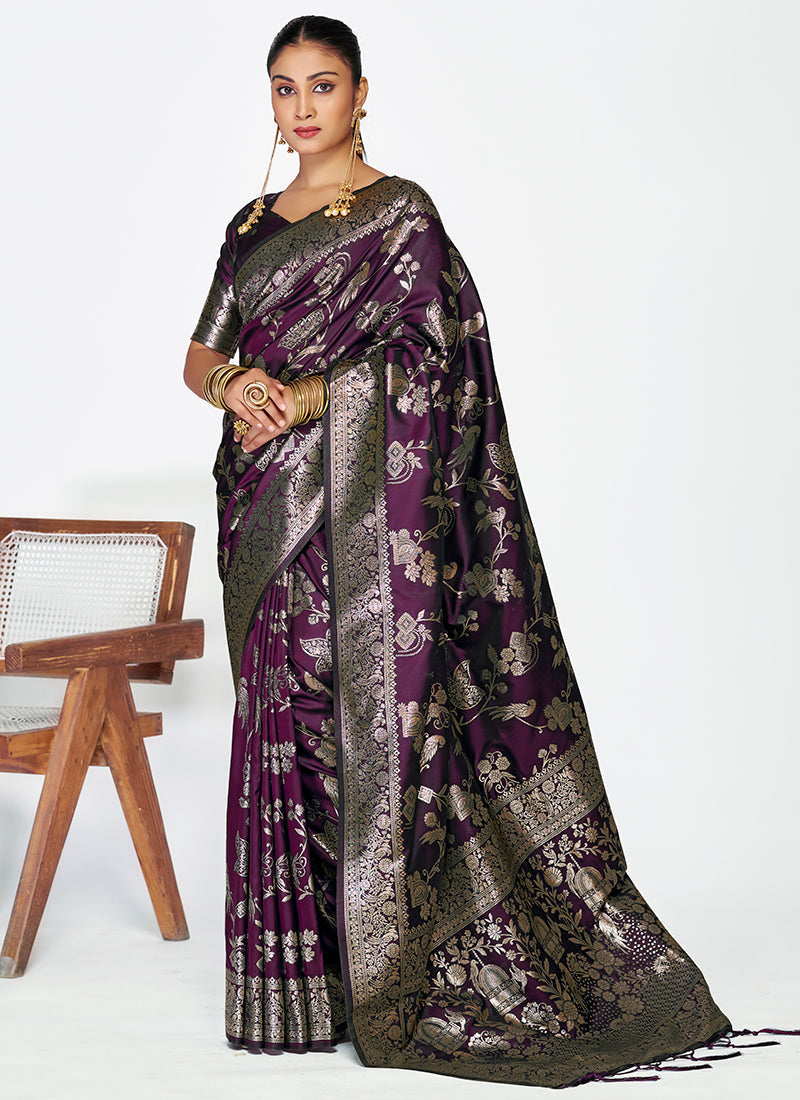 Vellora Wine Banarasi Silk Saree with Heavy Traditional Zari - Distacart