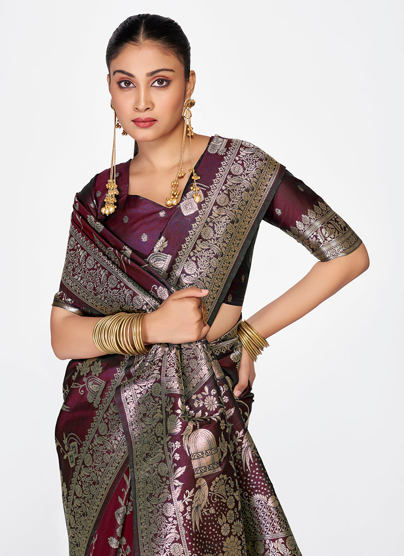 Vellora Wine Banarasi Silk Saree with Heavy Traditional Zari - Distacart