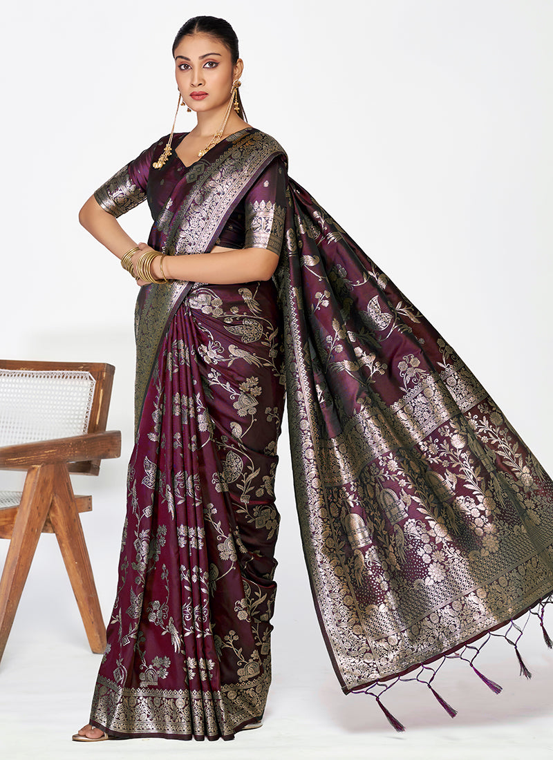Vellora Wine Banarasi Silk Saree with Heavy Traditional Zari - Distacart