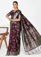 Vellora Wine Banarasi Silk Saree with Heavy Traditional Zari - Distacart