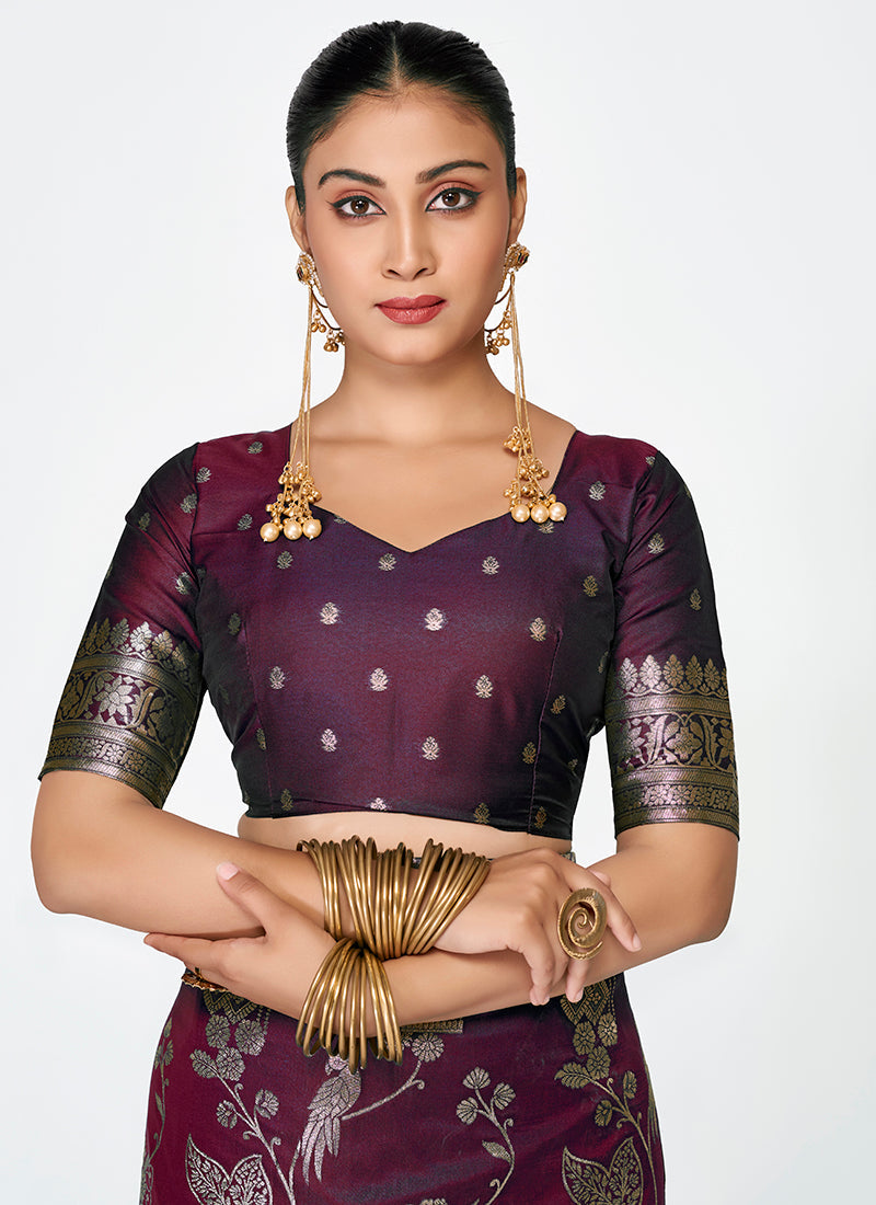 Vellora Wine Banarasi Silk Saree with Heavy Traditional Zari - Distacart