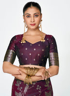 Vellora Wine Banarasi Silk Saree with Heavy Traditional Zari - Distacart